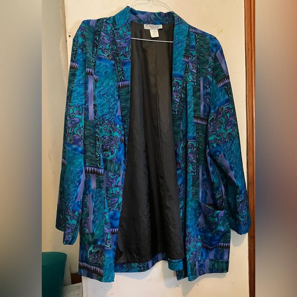 Vintage 80s Blue and Green Patterned Women's Jacket. Plus size.